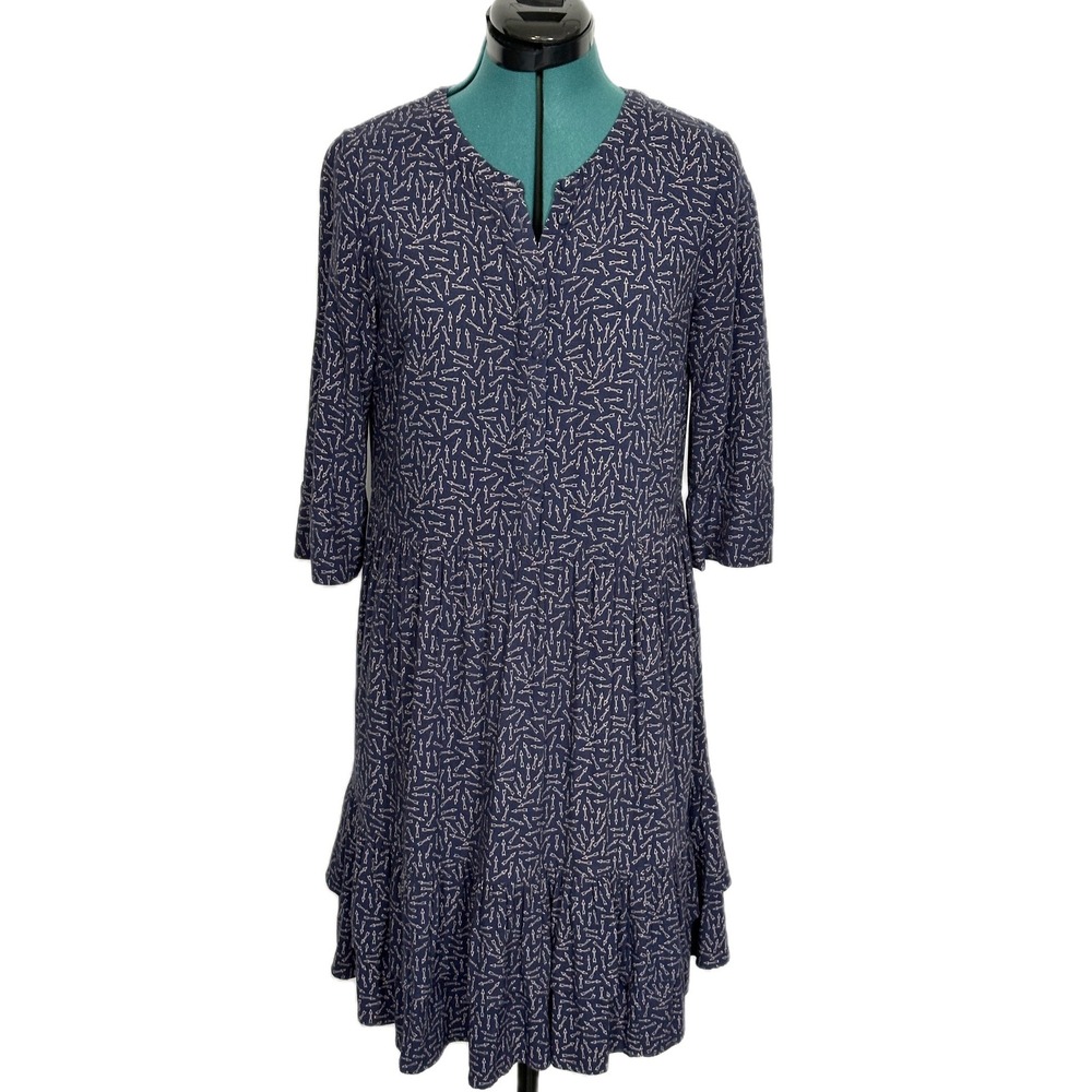 Boden Arrow Print Tiered Shift Dress Size 6 Navy Blue 3/4 Sleeve V-Neck Boho